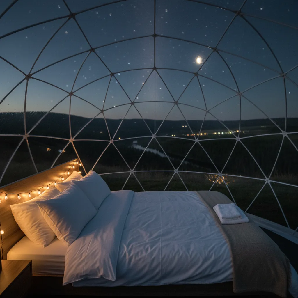 L'intérieur cosy d'une bulle transparente avec literie soignée et vue sur la nature