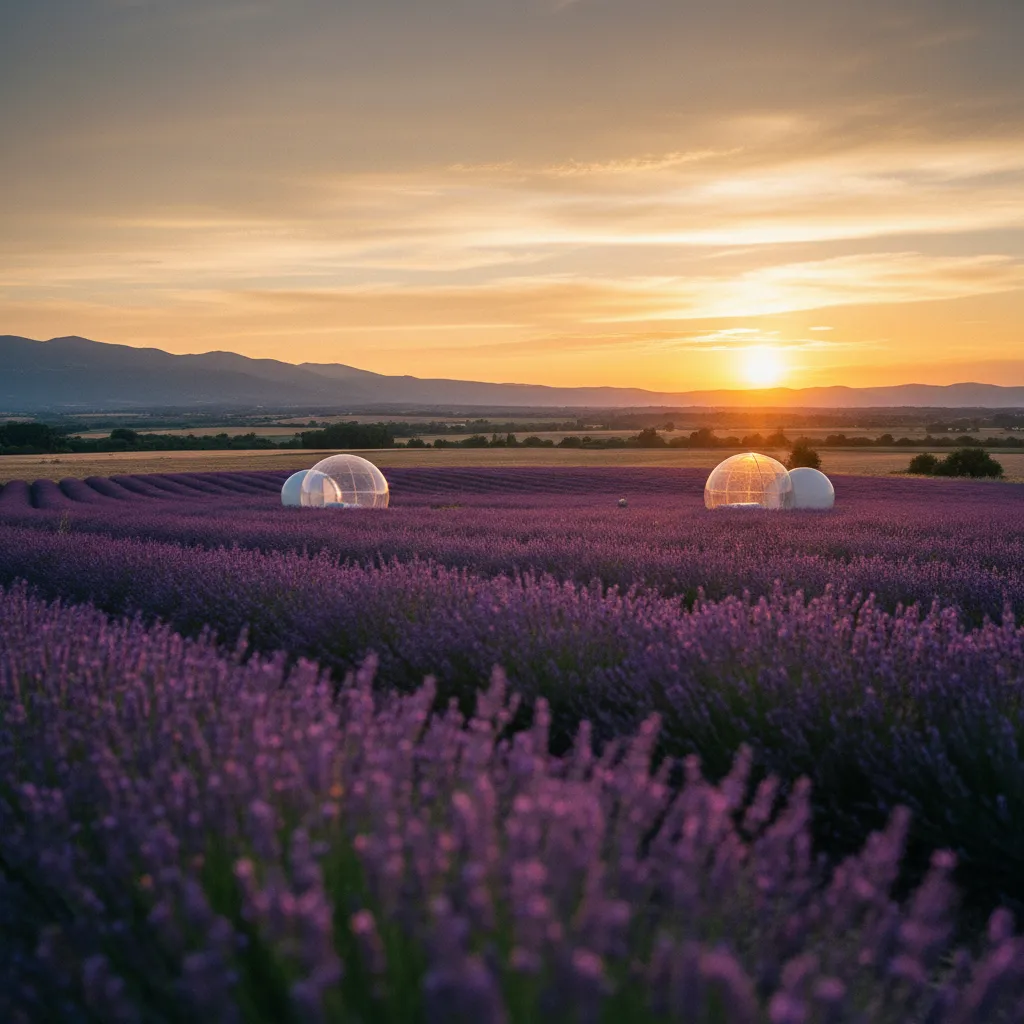 Deux bulles transparentes espacées dans un champ de lavande en Drôme provençale