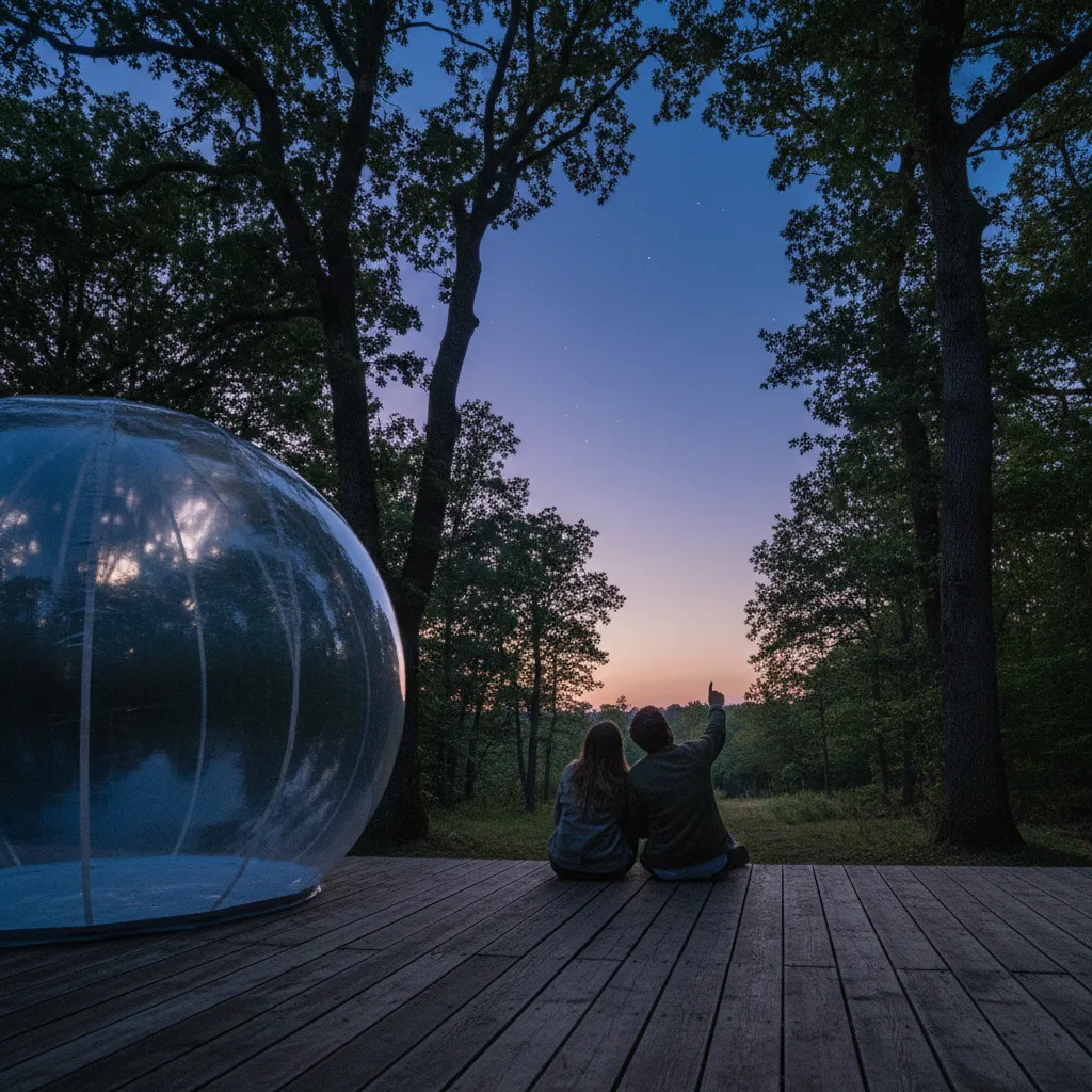 Un couple contemple les premières étoiles depuis la terrasse de leur bulle en lisière de forêt