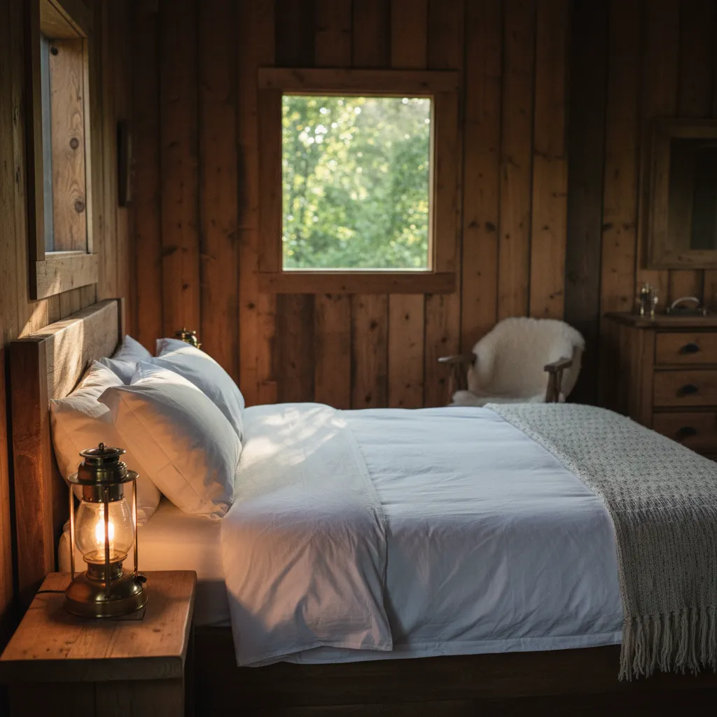 Intérieur chaleureux d'une cabane perchée avec vue sur la canopée
