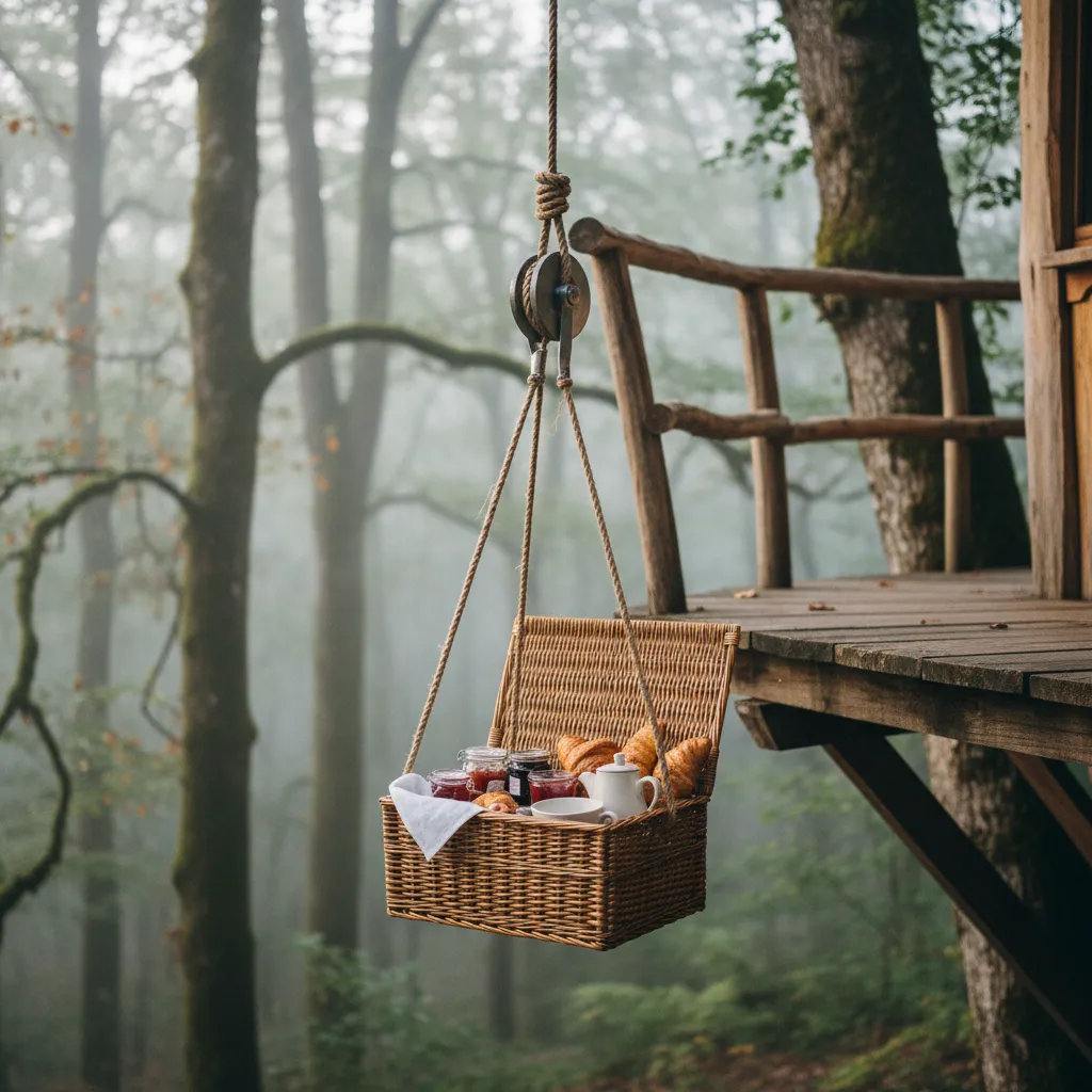 Panier petit-déjeuner hissé par poulie jusqu'à la terrasse de la cabane