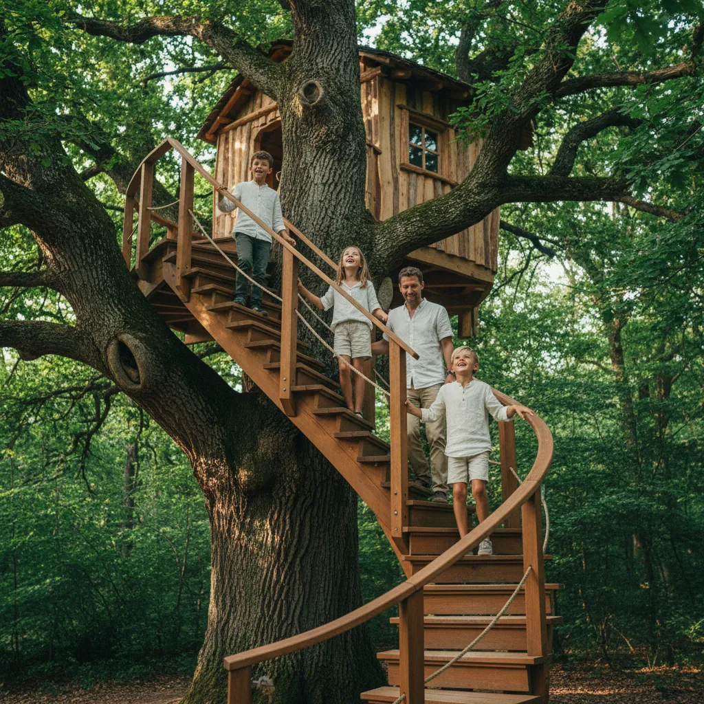 Famille montant l'escalier sécurisé d'une cabane adaptée aux enfants