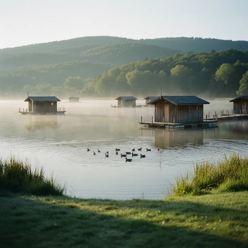 Plan d'eau bordé de forêts avec cabanes flottantes en bois au petit matin