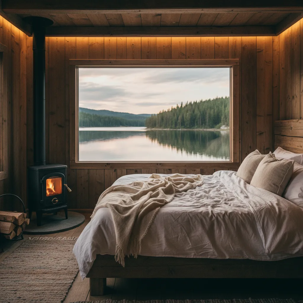 Intérieur chaleureux d'une cabane flottante avec lit double et poêle à bois