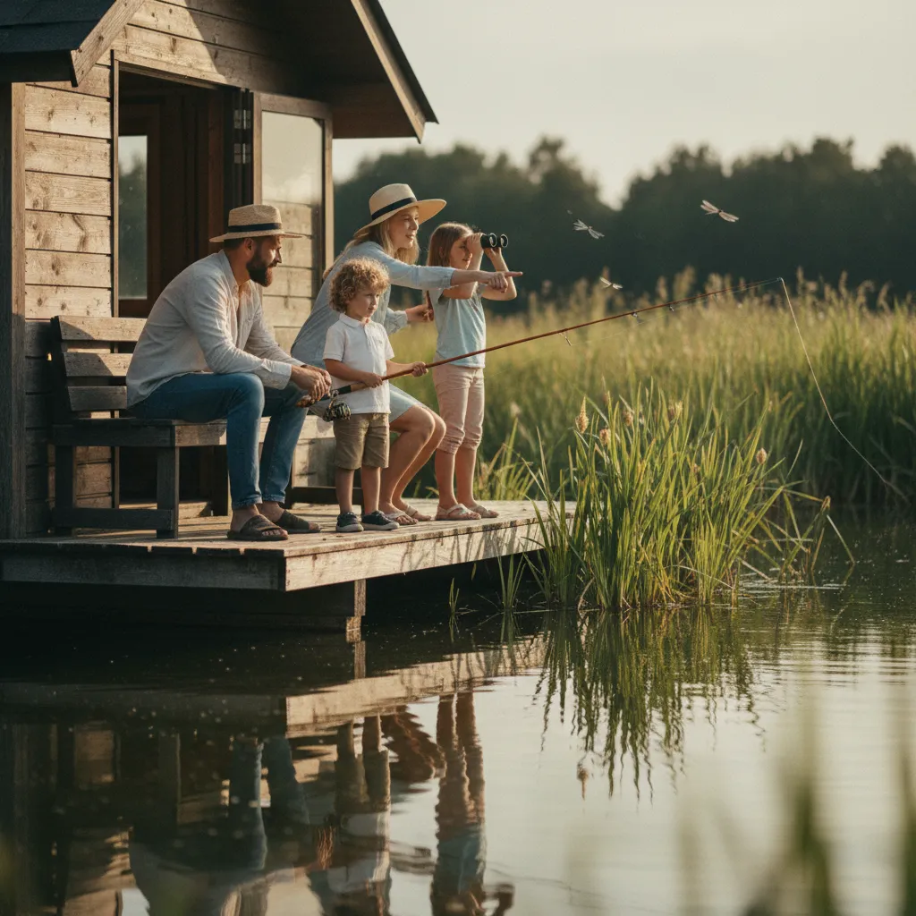 Famille profitant de la terrasse d'une cabane flottante pour observer la nature