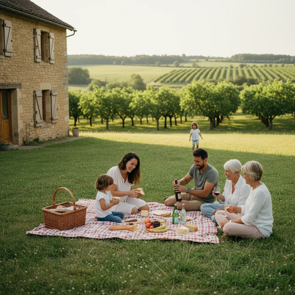 Pique-nique en famille devant un gîte en pierre du Périgord, cadre typique de la Dordogne