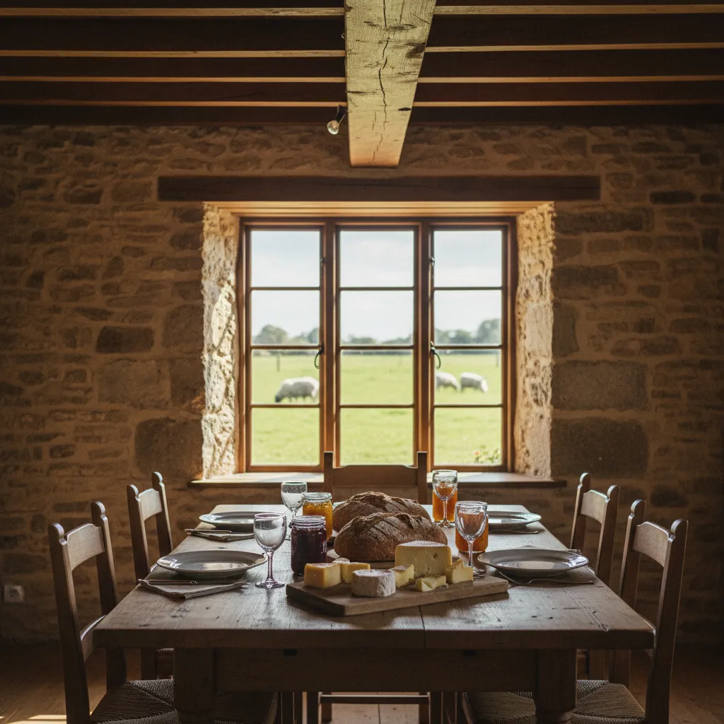L'intérieur chaleureux d'un gîte à la ferme avec les produits du terroir sur la table
