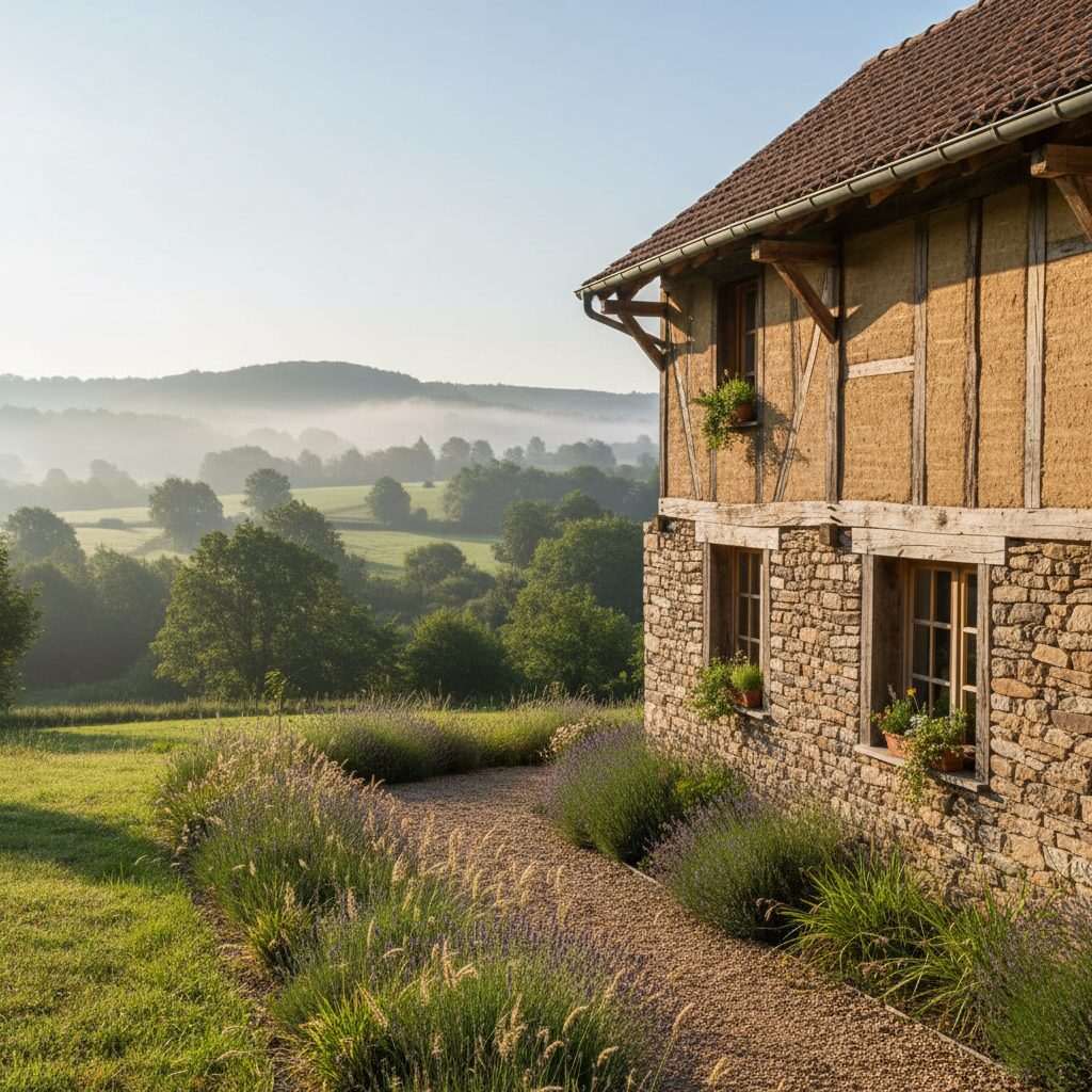 Façade d'un gîte écologique en matériaux biosourcés dans un paysage de moyenne montagne