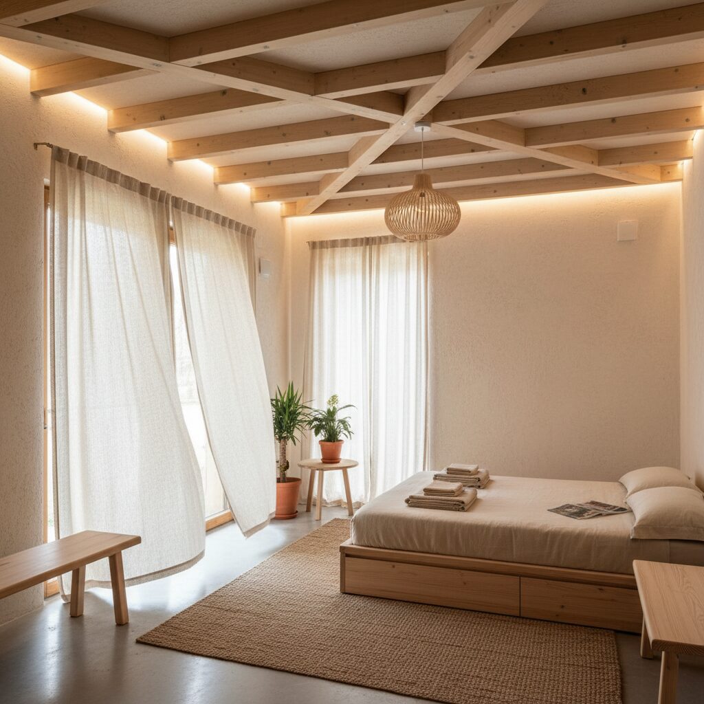 Intérieur lumineux d'un gîte rénové avec enduits chaux-chanvre et poutres apparentes