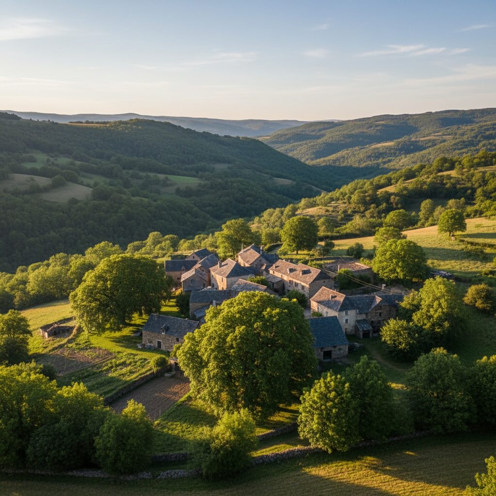 Hameau cévenol avec gîtes écologiques en pierre entourés de châtaigniers centenaires