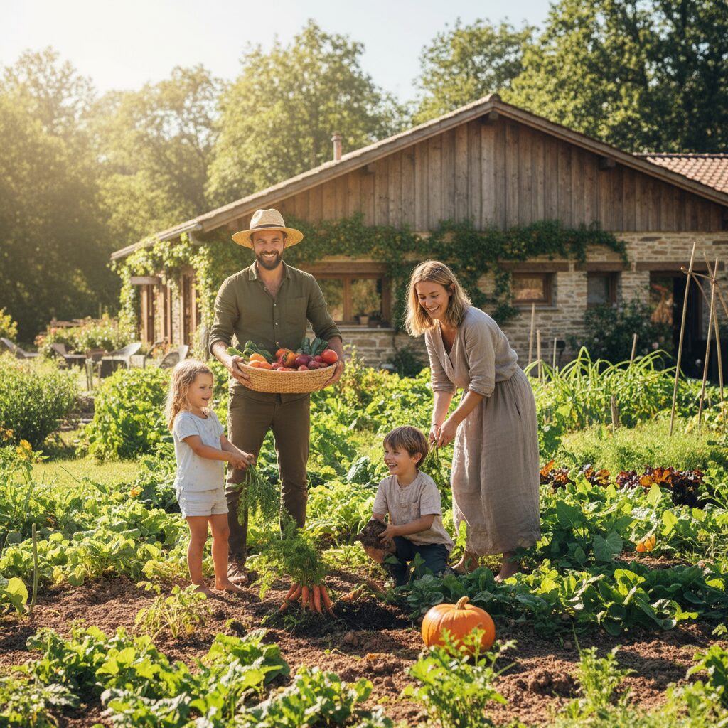 Famille récoltant des légumes dans le potager partagé d'un gîte écologique