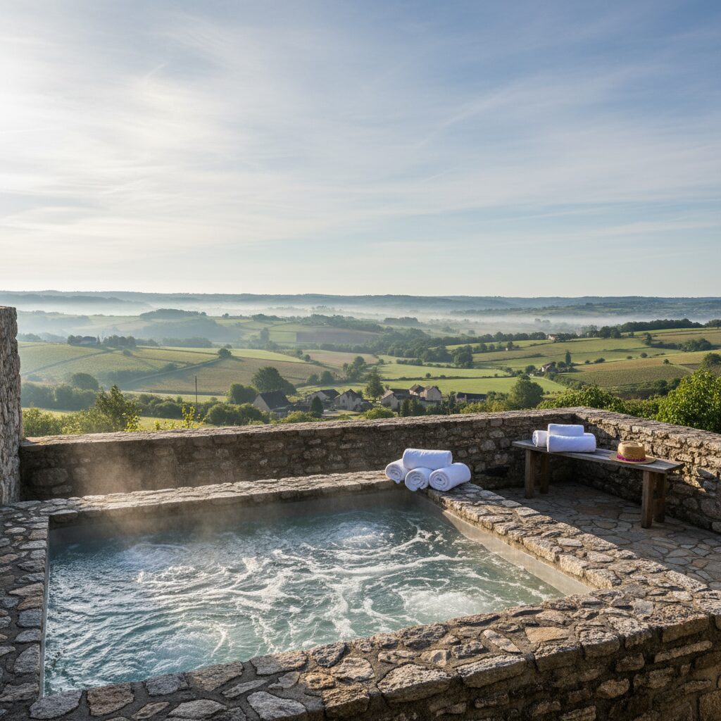Jacuzzi privatif en terrasse avec vue panoramique sur la campagne française