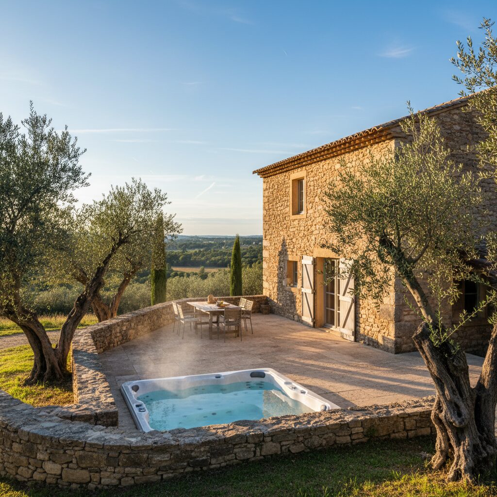 Gîte provençal en pierre avec jacuzzi privatif sur terrasse entourée d'oliviers dans le Luberon