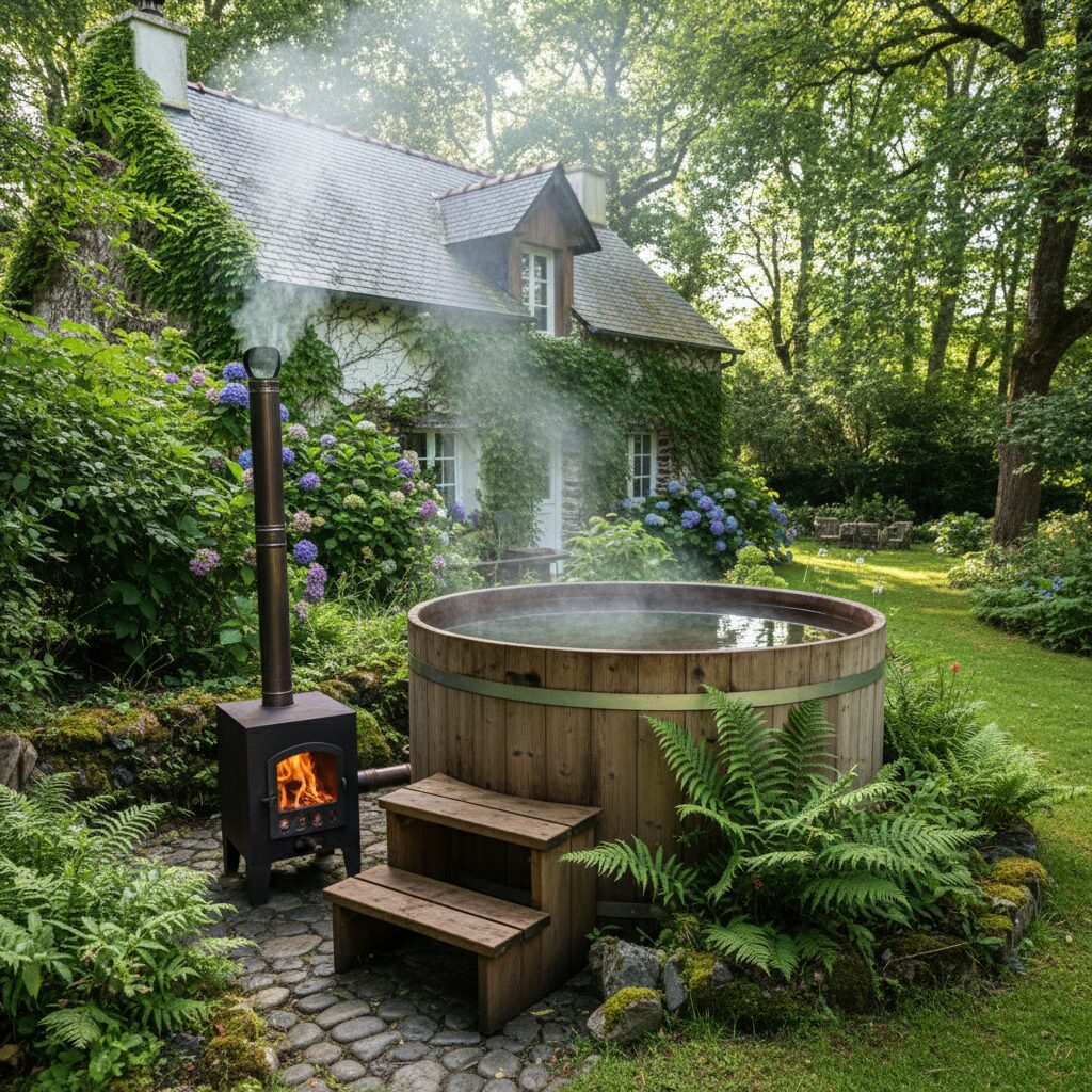 Bain nordique en bois chauffé au feu de bois dans le jardin verdoyant d'un gîte breton