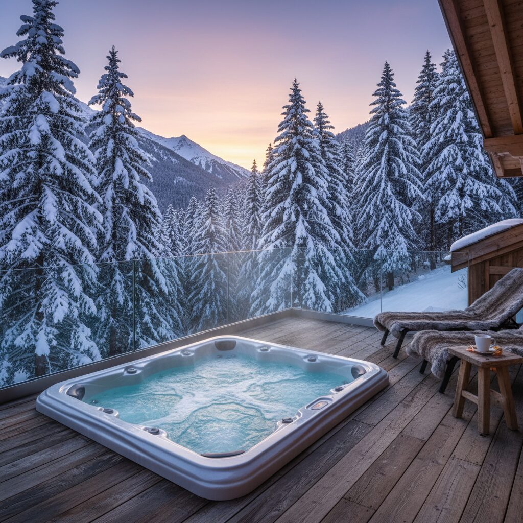 Terrasse de chalet montagnard avec jacuzzi chauffé entouré de sapins enneigés en hiver