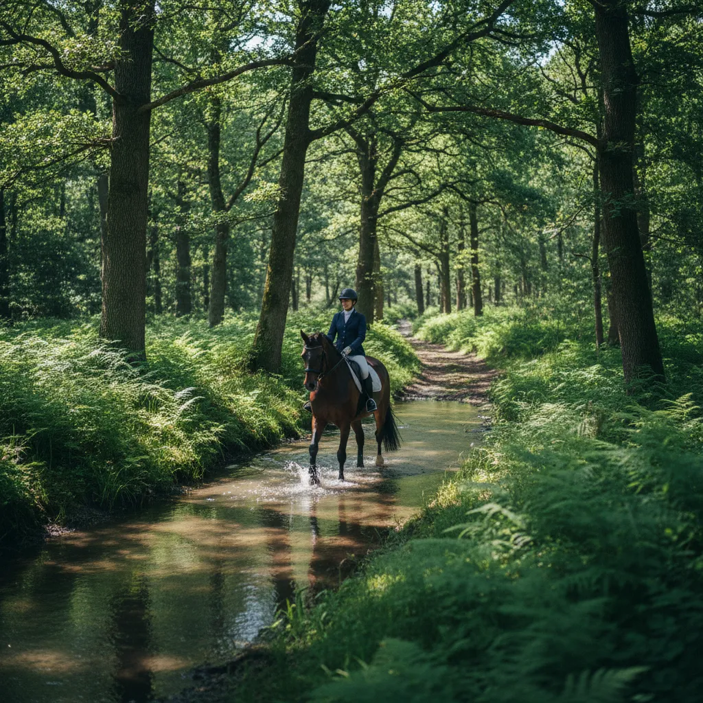 Cavalier traversant un gué en forêt normande lors d'une randonnée équestre
