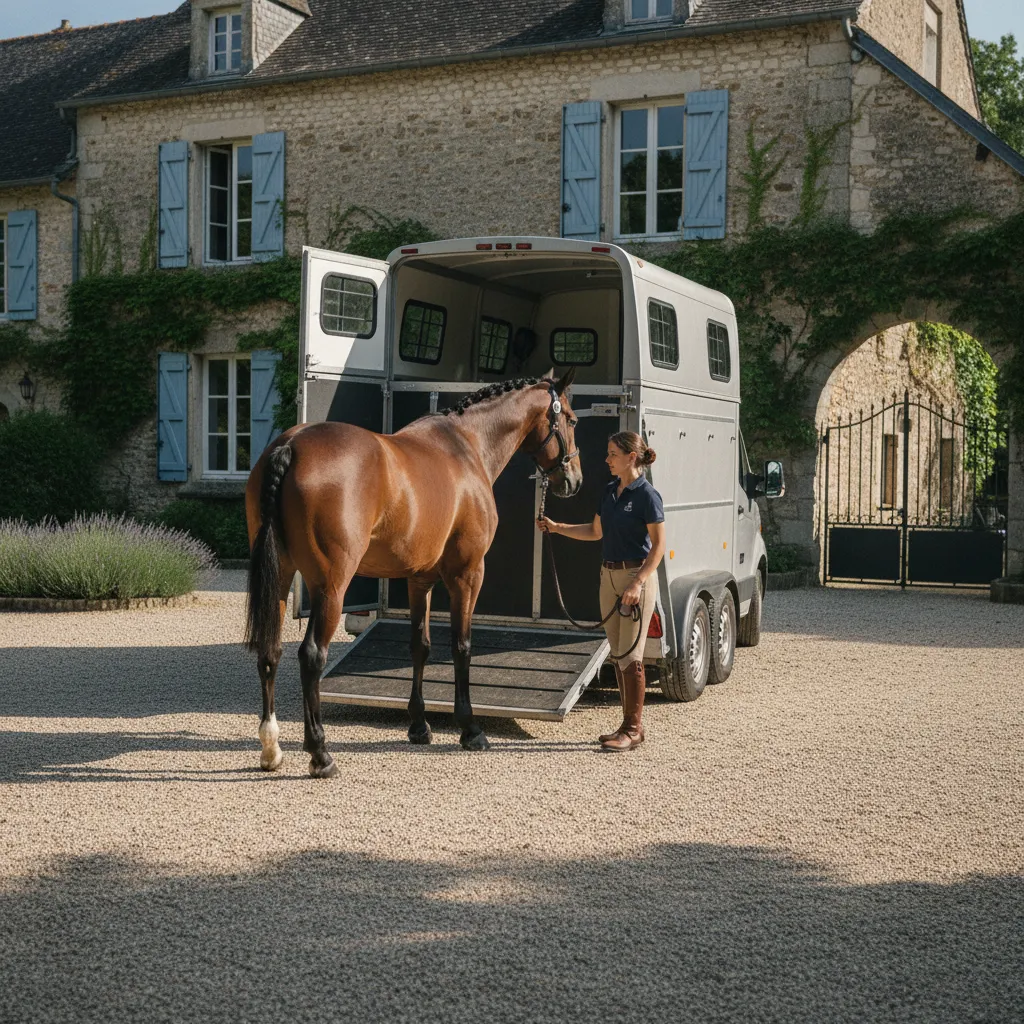 Préparation du transport d'un cheval en van vers un gîte équestre