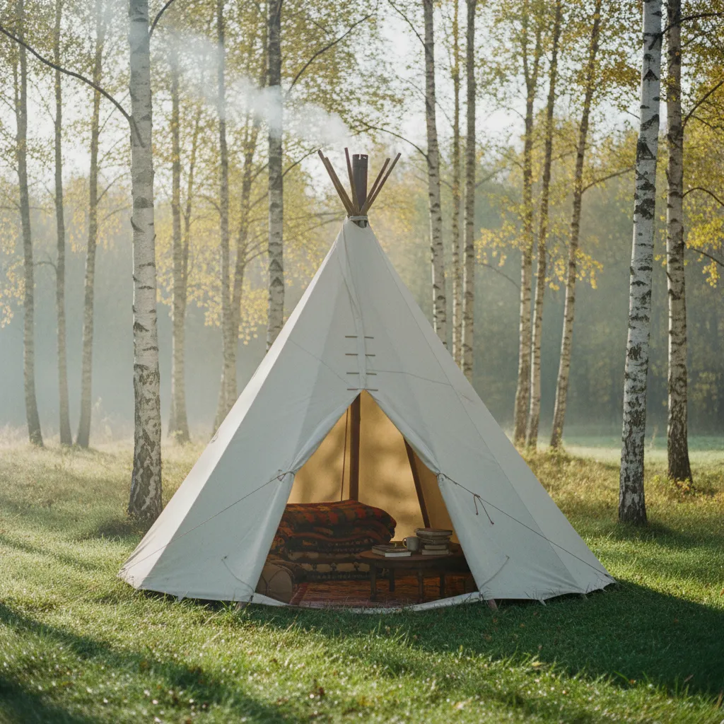 Tipi en toile avec poêle à bois installé en lisière de forêt