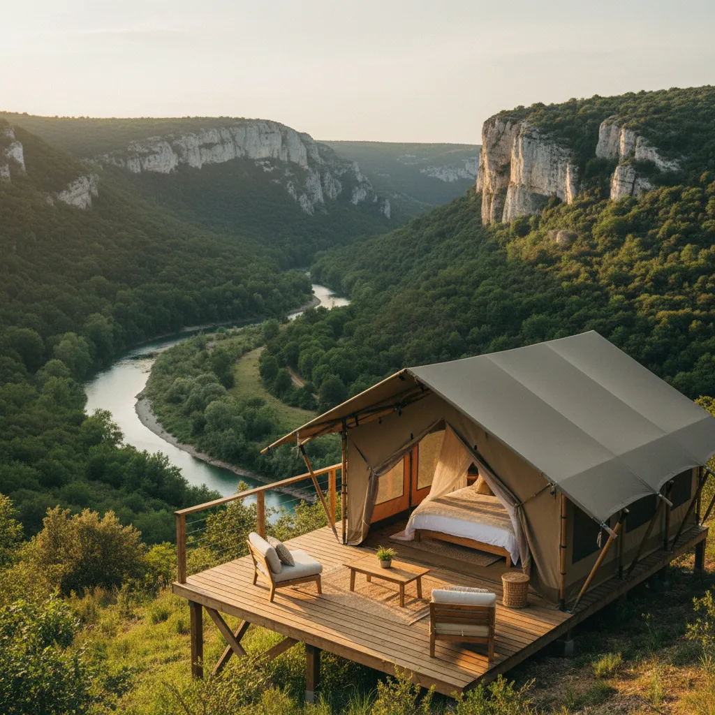 Tente safari sur terrasse en bois dominant une vallée ardéchoise
