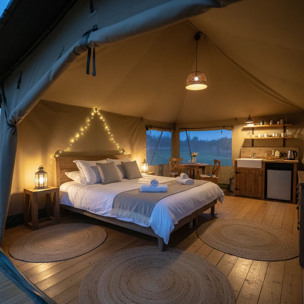 Intérieur chaleureux d'une tente lodge avec literie et cuisine équipée