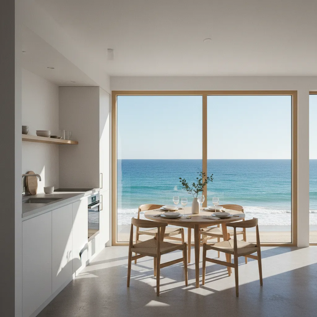 Intérieur d'un appartement de résidence de tourisme en Bretagne avec vue sur la mer