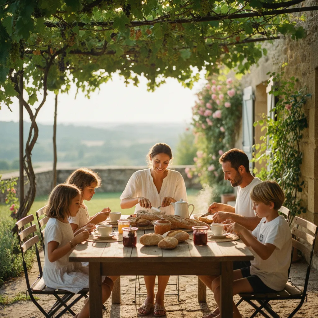 Le petit-déjeuner sur la terrasse du gîte, un plaisir simple qui ne coûte presque rien