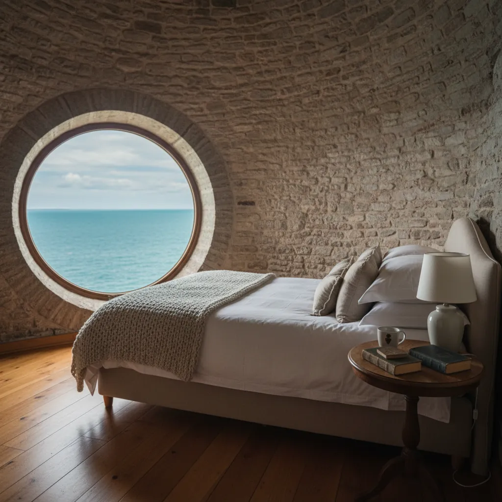 Chambre aménagée dans la tour d'un phare avec vue sur la mer par la fenêtre ronde