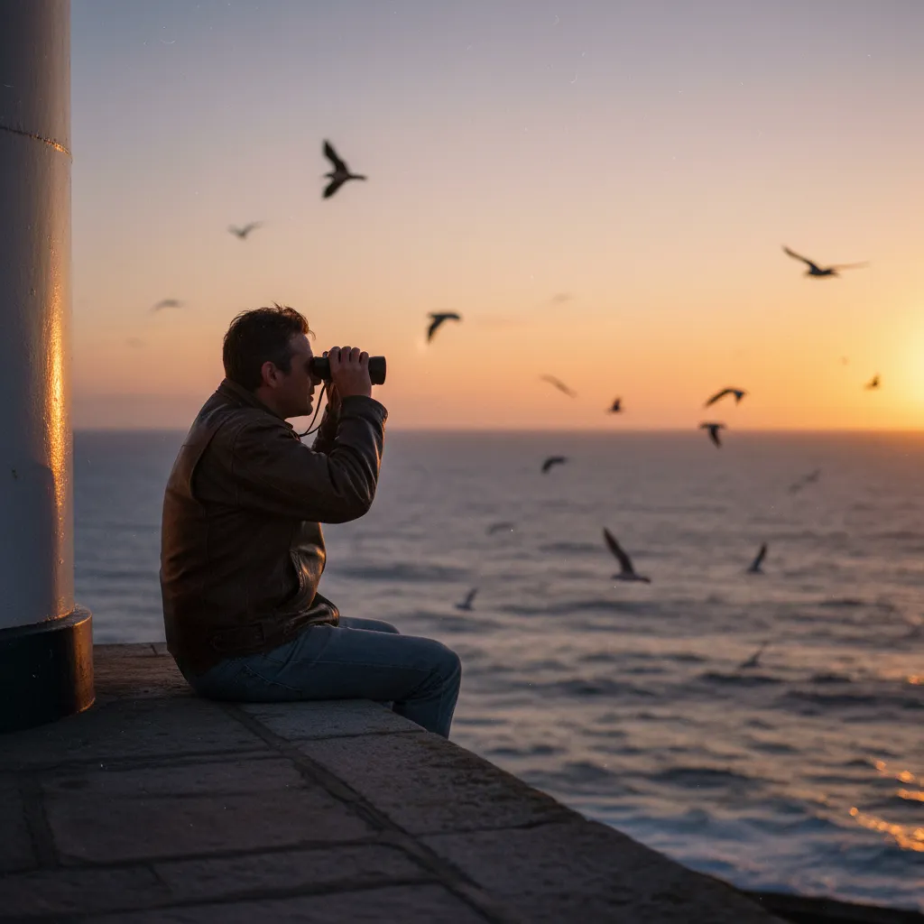Observation des oiseaux marins depuis la terrasse d'un phare aménagé au coucher du soleil