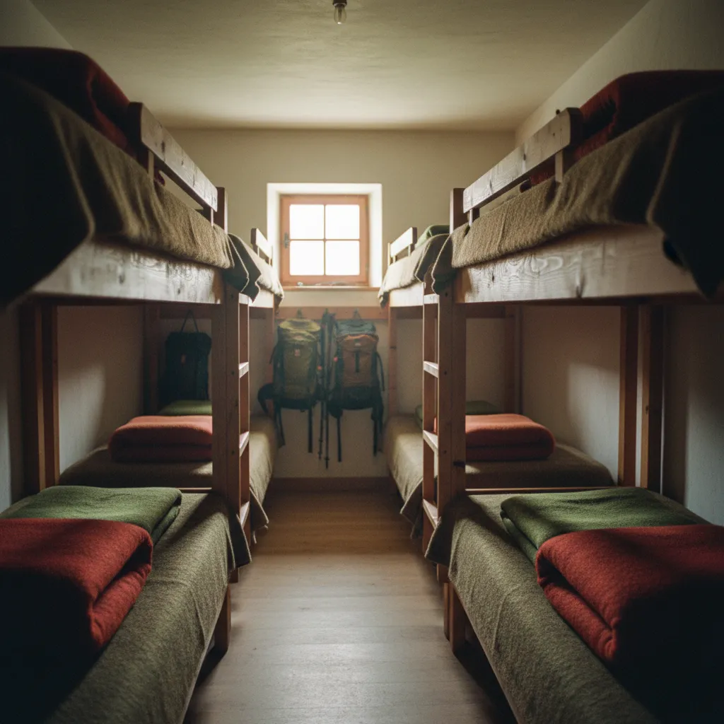 L'intérieur d'un dortoir de refuge avec ses bat-flanc en bois et ses couvertures pliées