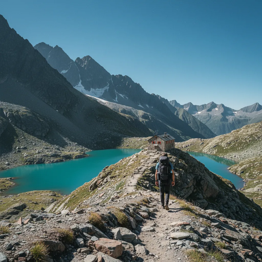 Randonneur sur un sentier alpin en été avec un lac glaciaire et un refuge en contrebas