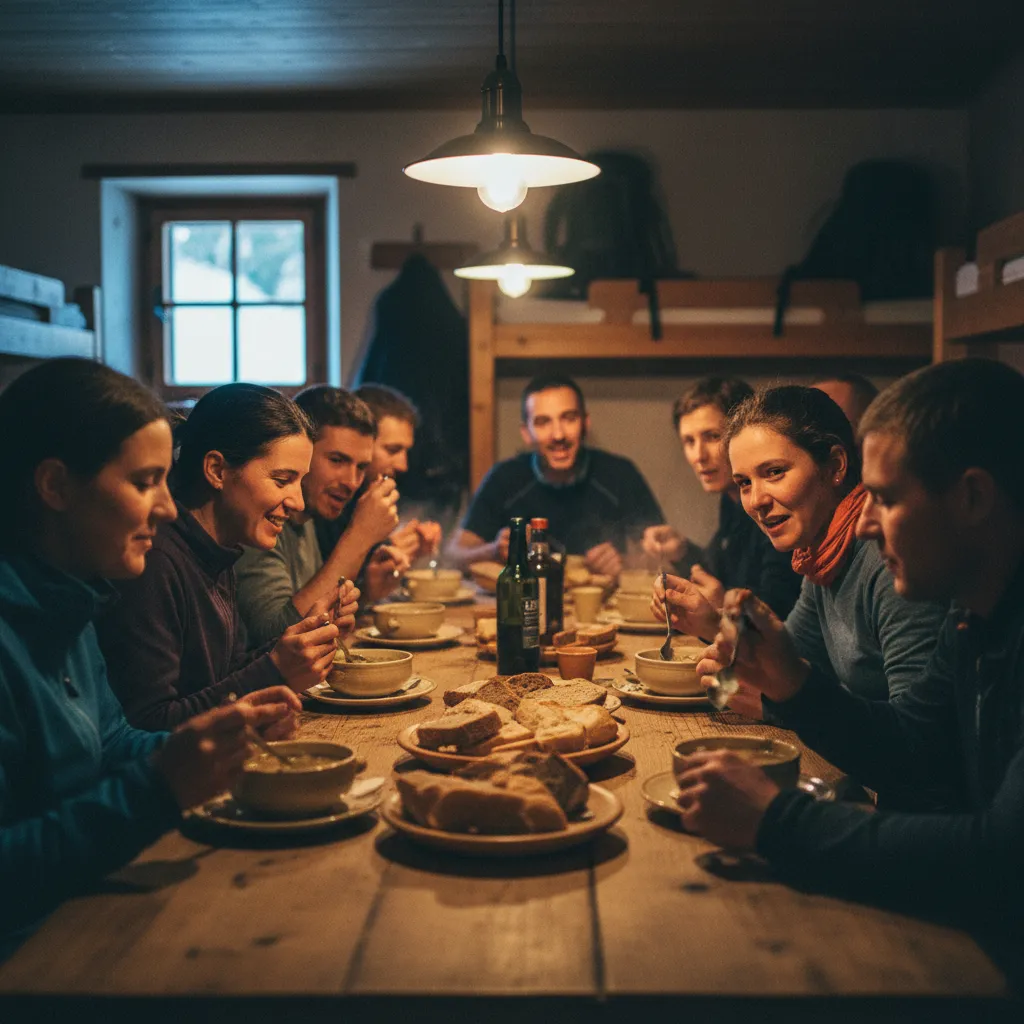 Le repas du soir partagé entre randonneurs dans la salle commune d'un refuge de montagne