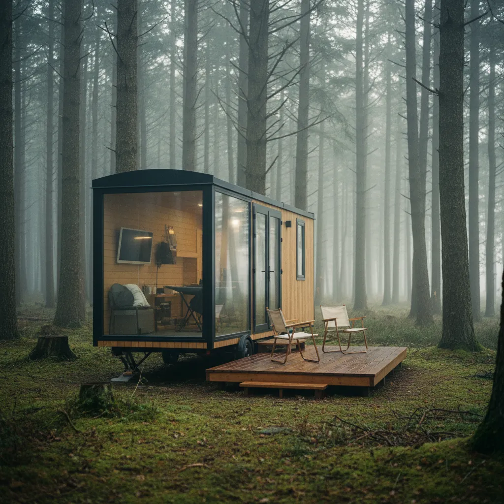 Une tiny house contemporaine installée dans une clairière forestière, avec sa terrasse en bois
