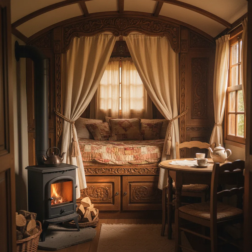 L'intérieur chaleureux d'une roulotte artisanale avec son lit en alcôve et son poêle à bois
