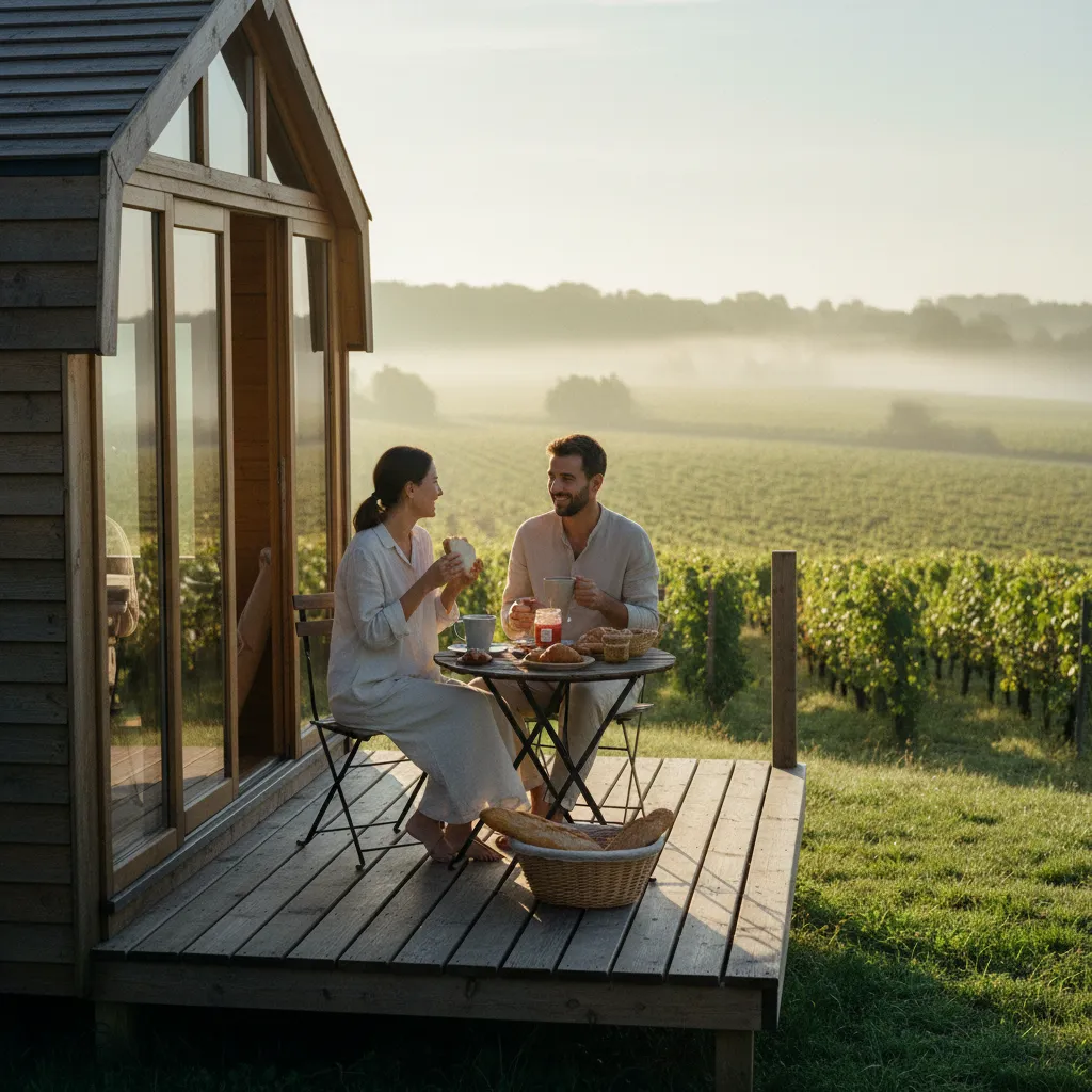 Petit-déjeuner sur la terrasse d'une tiny house avec vue sur les vignobles
