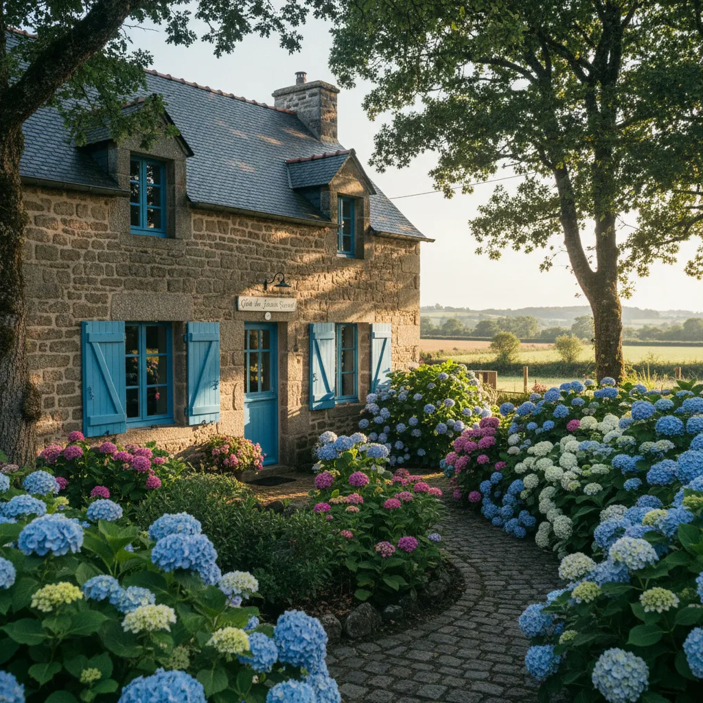 Un gîte en pierre typique de l'arrière-pays breton avec ses hortensias et ses volets bleus