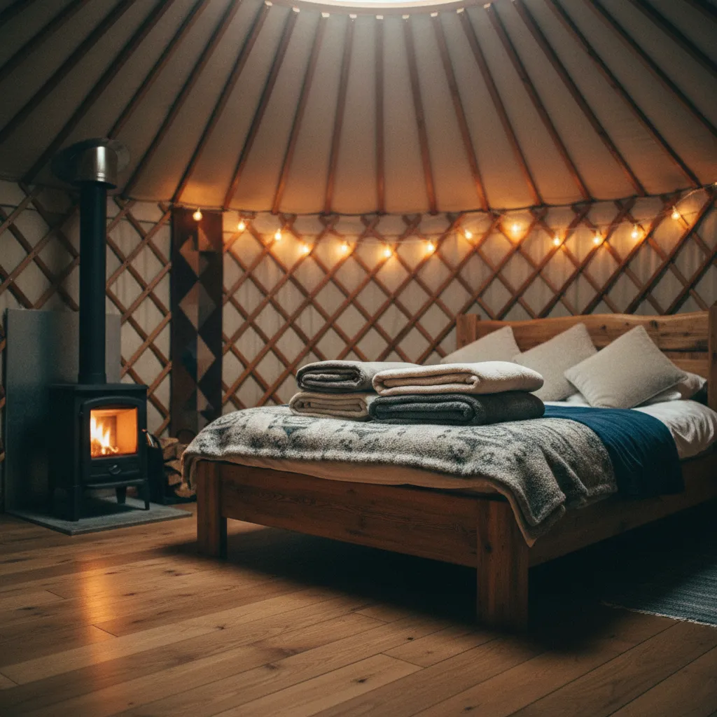 Intérieur chaleureux d'une yourte confort avec poêle à bois et literie soignée