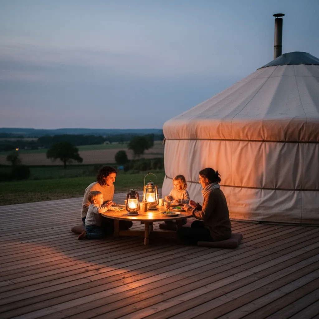 Repas en famille sur la terrasse d'une yourte, une expérience appréciée des enfants comme des parents