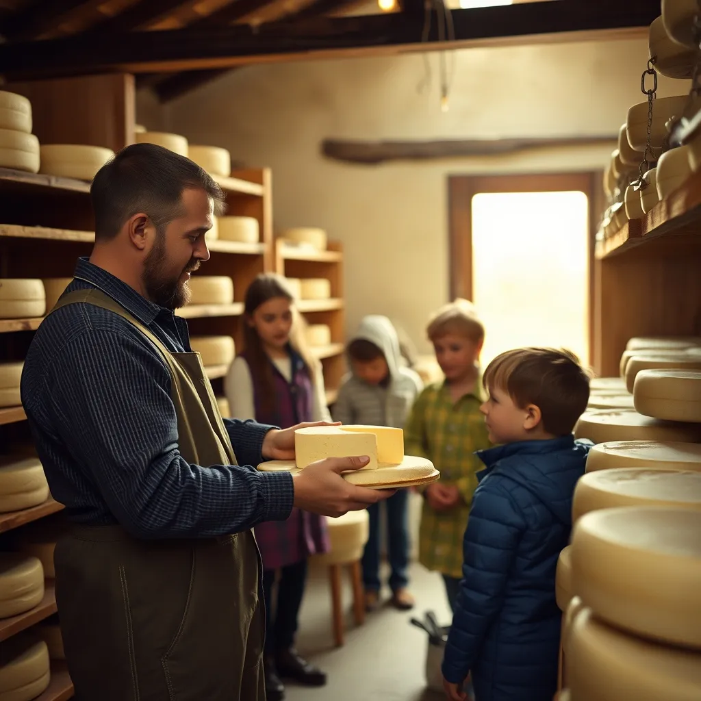 Un agriculteur présente sa production fromagère à une famille lors d'une visite de ferme