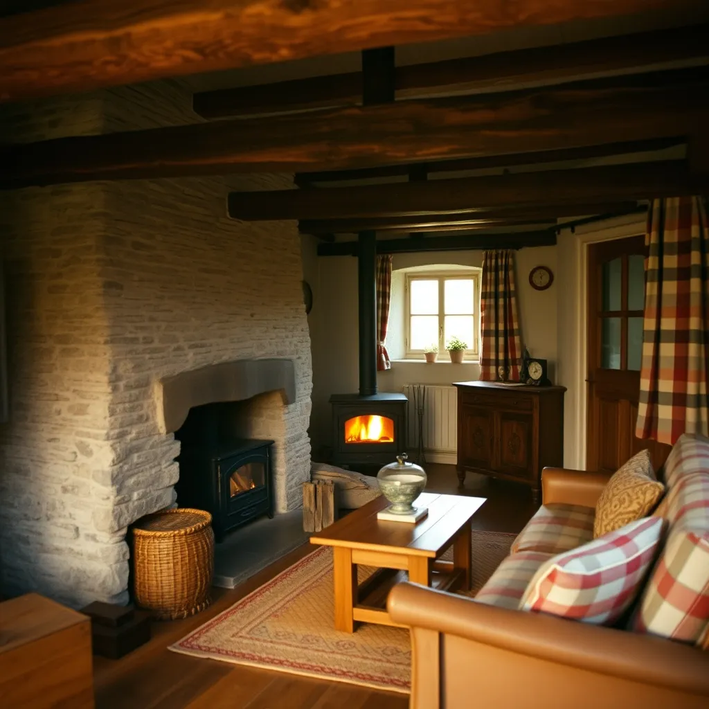 Intérieur chaleureux d'un gîte en pierre sur le plateau de Millevaches, avec cheminée et poutres apparentes