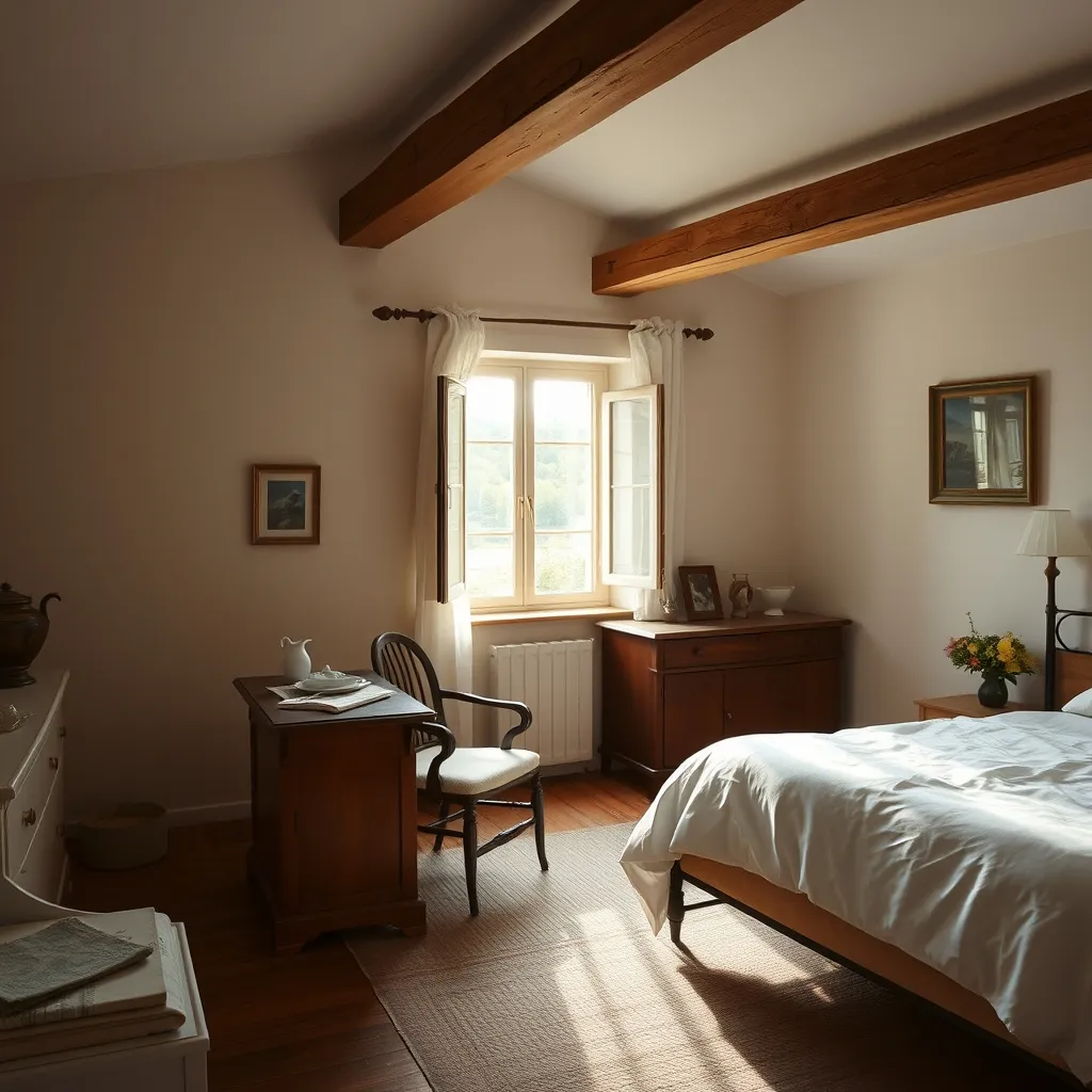 Chambre avec poutres apparentes et literie soignée dans une maison d'hôtes du Val de Loire