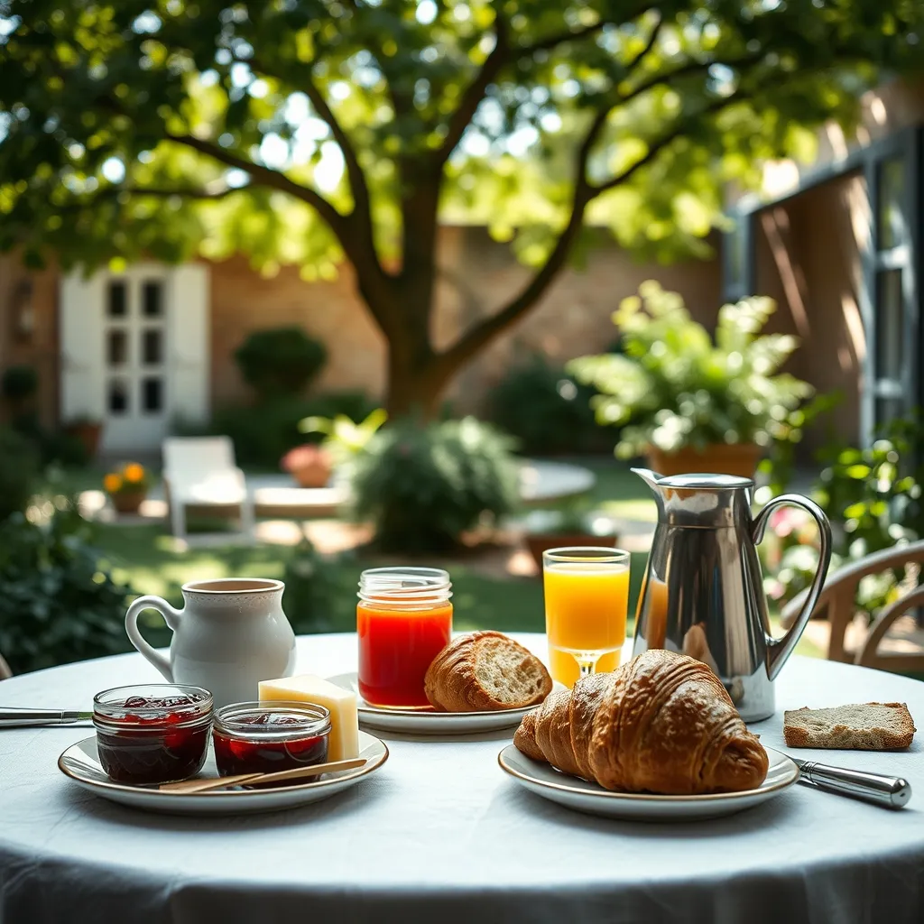 Petit-déjeuner maison servi dans le jardin d'une chambre d'hôtes de charme