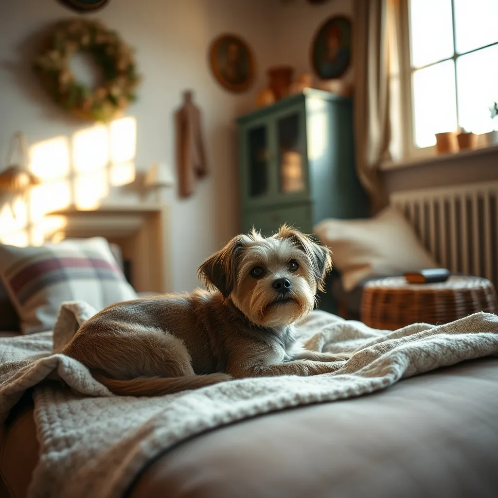Un petit chien installé confortablement dans un gîte rural pendant les vacances
