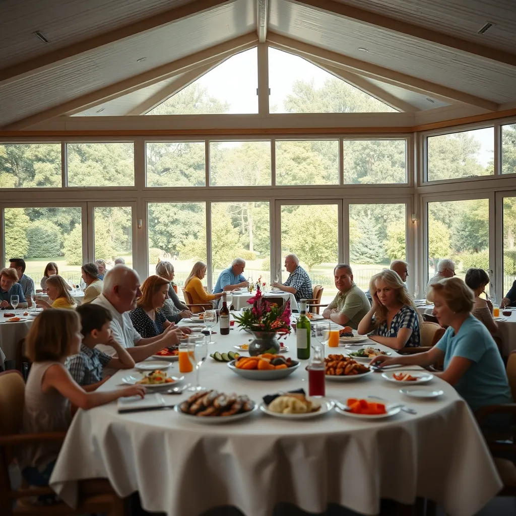 Le restaurant buffet d'un club vacances breton avec vue sur le parc verdoyant
