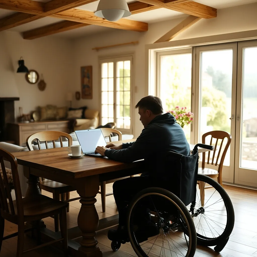 Voyageur en fauteuil préparant son séjour depuis le salon lumineux d'un gîte accessible