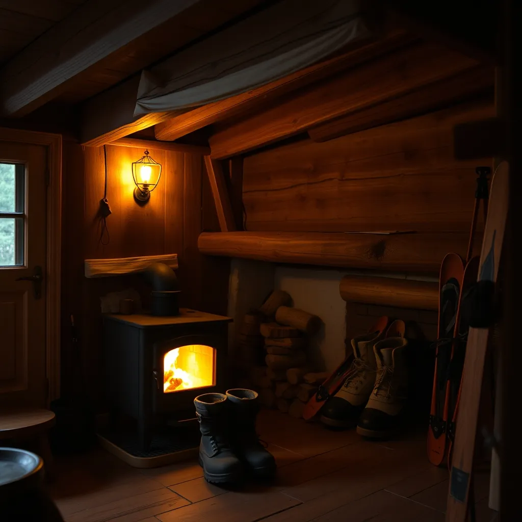 Intérieur chaleureux d'un gîte jurassien avec poêle à bois et matériel en train de sécher