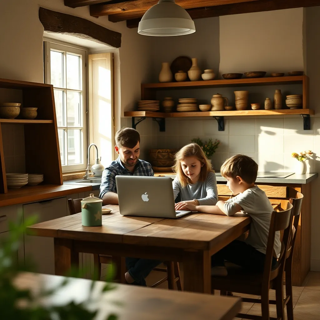 Préparation du séjour en ligne depuis la cuisine d'un gîte rural