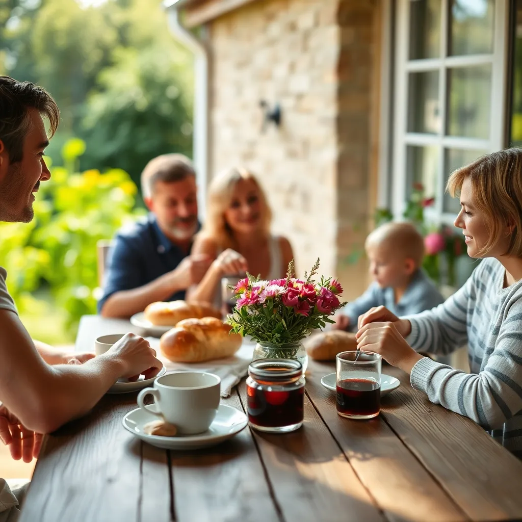 Petit-déjeuner en famille sur la terrasse d'un gîte rural en France