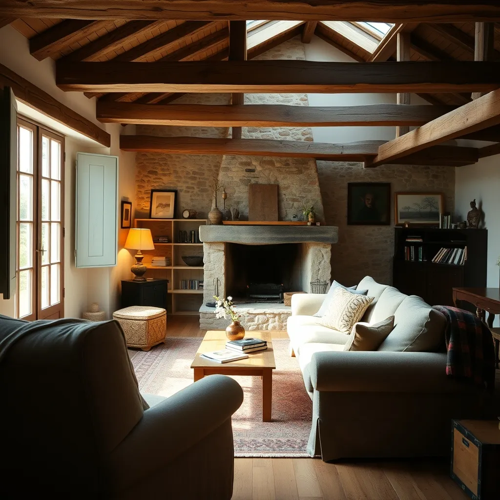 Salon chaleureux d'une maison de vacances traditionnelle avec poutres apparentes