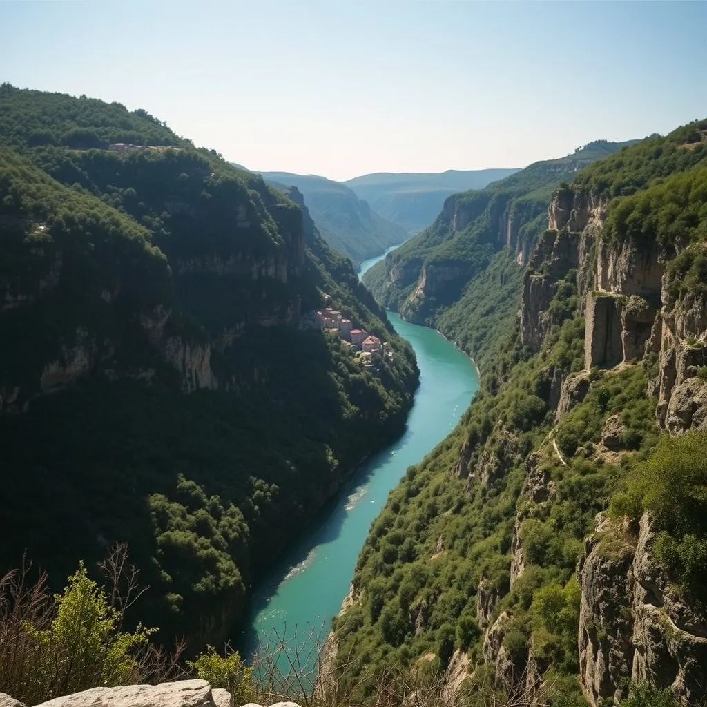Les gorges du Tarn vues depuis le causse de Sauveterre, avec le village de La Malène en contrebas