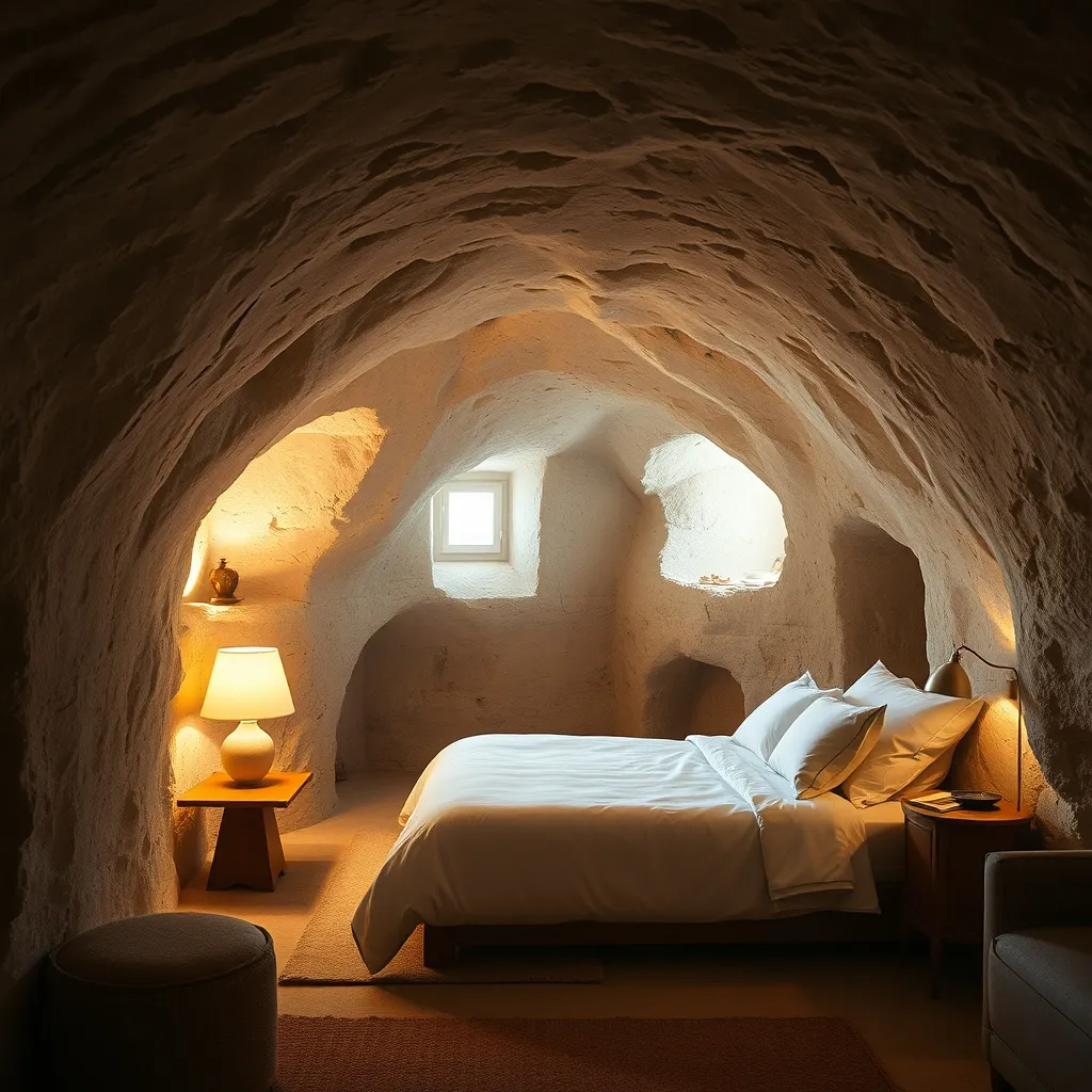 Intérieur d'une chambre troglodyte aménagée avec confort moderne dans la roche naturelle